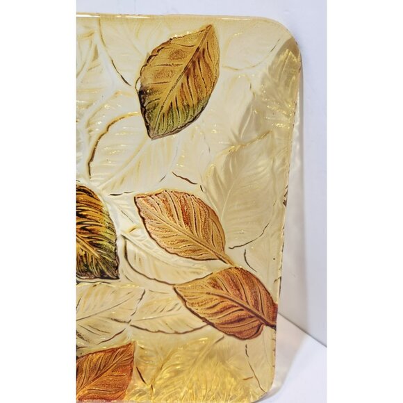 Vtg Fused Glass Rectangular Flat Textured Serving Dish Fall Leaves 9x14 Inches - Picture 3 of 10